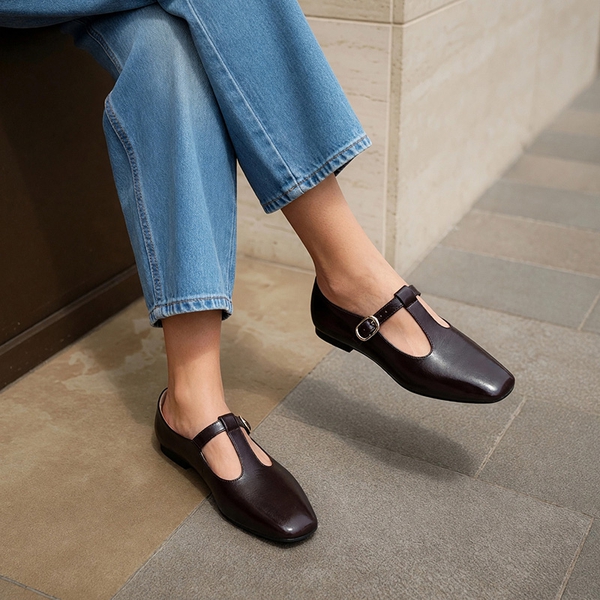 Women's Square Toe T-Strap Mary Jane Flats - BROWN - 6