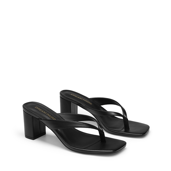 Women's Square Toe Thong Block Heel Sandals - BLACK - 4