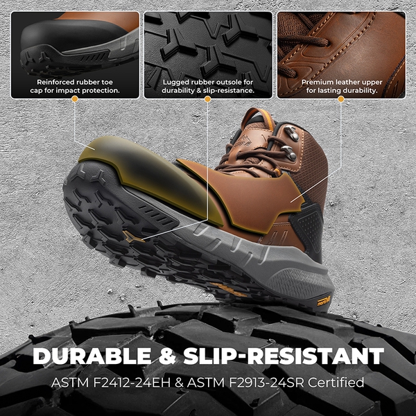 Men's Wide Fit Lightweight Waterproof Nano Toe Safety Work Boots - BROWN - 6