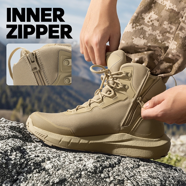 Men's Wide Fit Lightweight Tactical Work Boots with Side Zip - SAND - 6