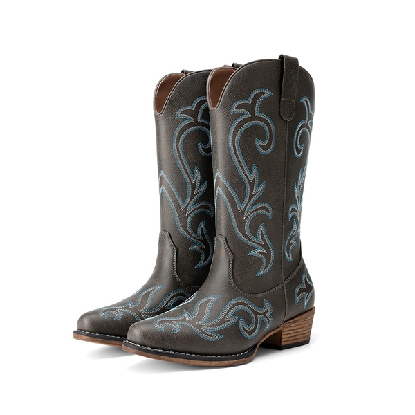 Women’s Embroidered Square-Toe Cowboy Boots - BROWN -  0