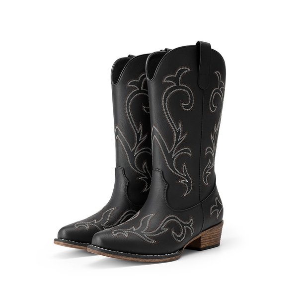 Women’s Embroidered Square-Toe Cowboy Boots - BLACK -  0