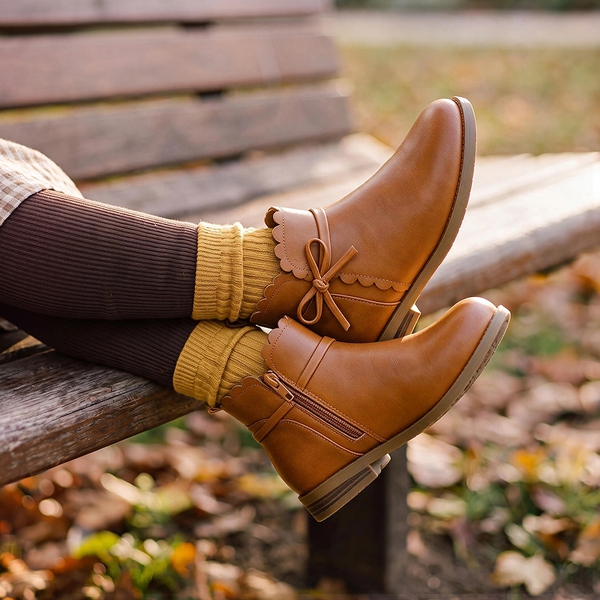Girls’ Bow and Ruffle Ankle Boots - BROWN - 2