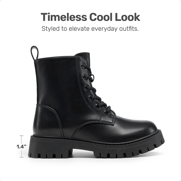 Girls’ Patent Lace-Up Lug-Sole Ankle Boots - BLACK-PU - 1