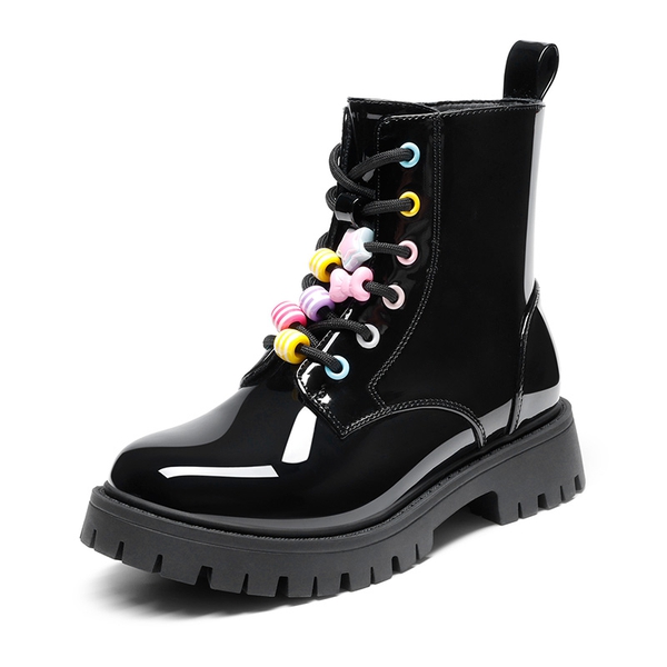 Girls’ Patent Lace-Up Lug-Sole Ankle Boots - ALL BLACK -  0