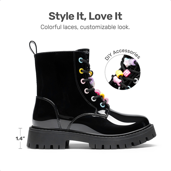 Girls’ Patent Lace-Up Lug-Sole Ankle Boots - ALL BLACK - 1