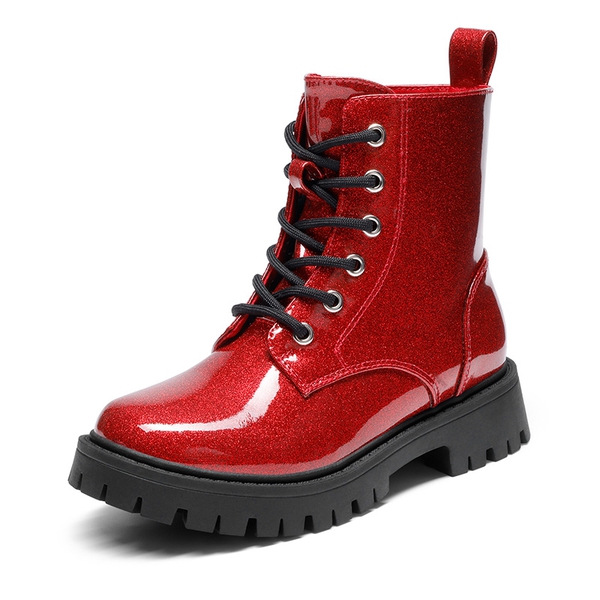 Girls’ Patent Lace-Up Lug-Sole Ankle Boots - RED -  0