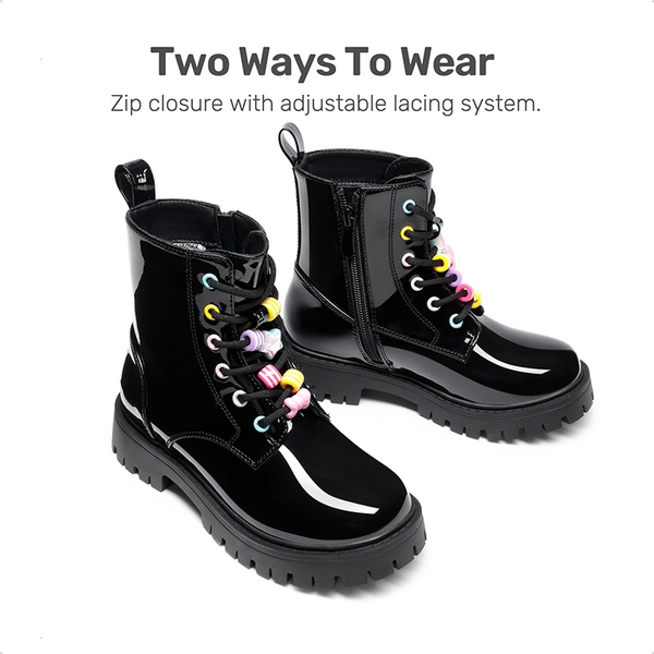 Girls’ Patent Lace-Up Lug-Sole Ankle Boots - ALL BLACK - 3
