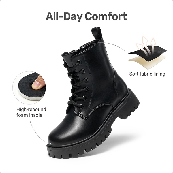 Girls’ Patent Lace-Up Lug-Sole Ankle Boots - BLACK-PU - 2