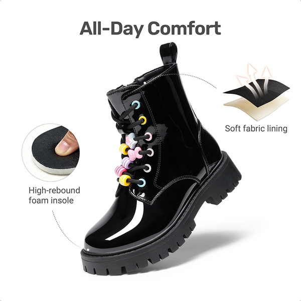 Girls’ Patent Lace-Up Lug-Sole Ankle Boots - ALL BLACK - 2