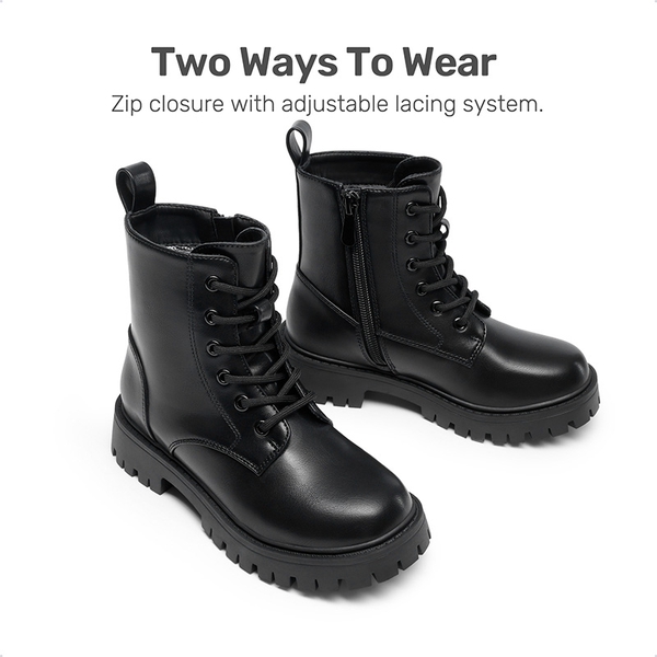 Girls’ Patent Lace-Up Lug-Sole Ankle Boots - BLACK-PU - 3