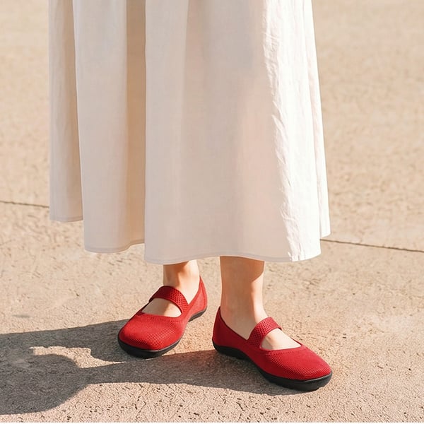 Ascenelle Women’s Wide-Sole Mary Jane Flats Knit Edition - RED - 2