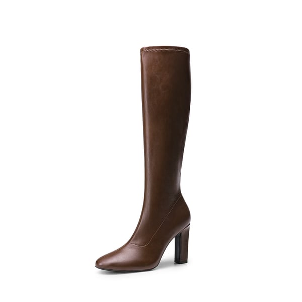 Women's Knee-High Block Heel Boots with Zipper - BROWN -  0