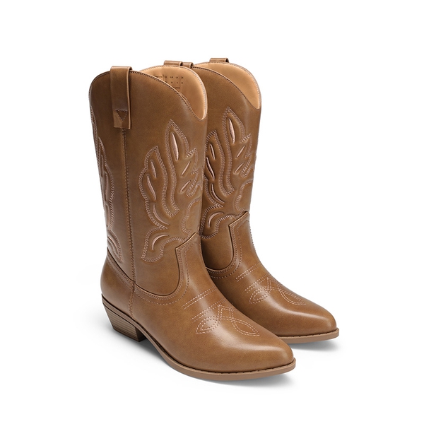 Women's Wide Width Vegan Leather Western Boots - TAN - 4