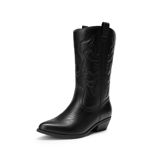 Women's Embroidered Western Cowboy Boots with Wide Toe Box - BLACK -  0