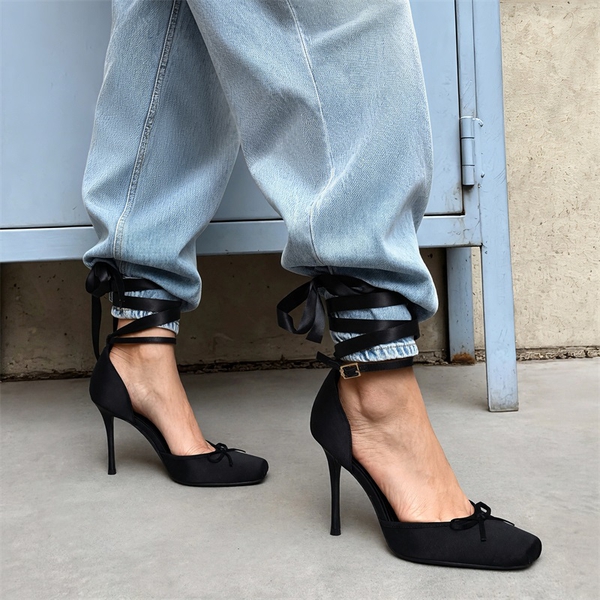 Women's Satin Lace-Up Ballet Heels - BLACK - 2