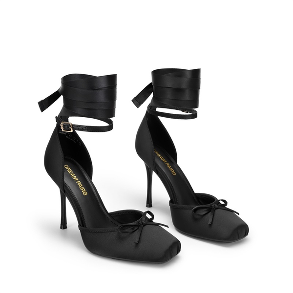 Women's Satin Lace-Up Ballet Heels - BLACK - 4