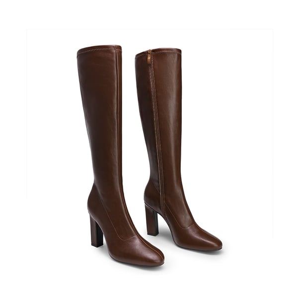 Women's Knee-High Block Heel Boots with Zipper - BROWN - 4