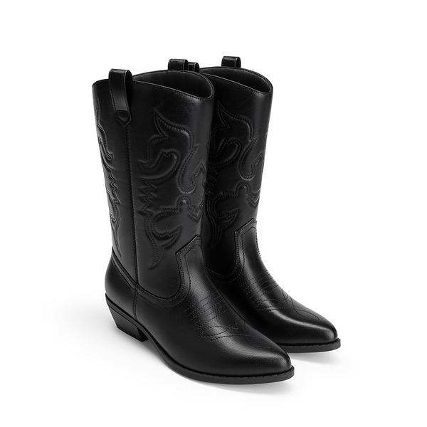 Women's Embroidered Western Cowboy Boots with Wide Toe Box - BLACK - 4