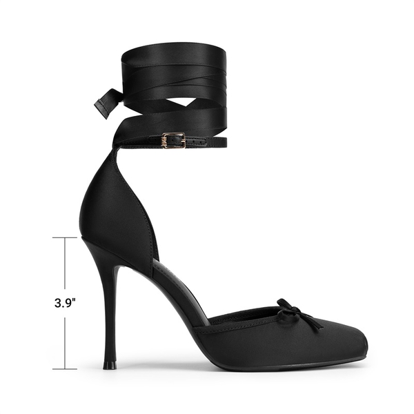 Women's Satin Lace-Up Ballet Heels - BLACK - 3