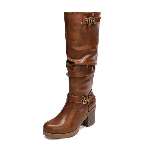 Chunky Heel Knee High Boots - TAN -  0