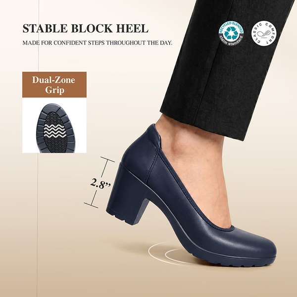 Ascenelle Wide-Toe Arch Support Block Heel Pumps - NAVY BLUE - 5