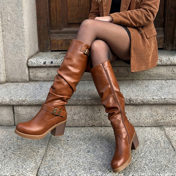 Chunky Heel Knee High Boots - TAN - 2