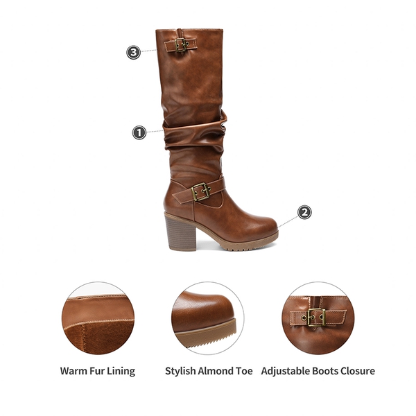Chunky Heel Knee High Boots - TAN - 4