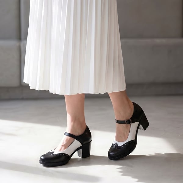 Ascenelle Mary Jane Chunky Heel Pumps -  [Morgan] - BLACK-WHITE-PU - 2