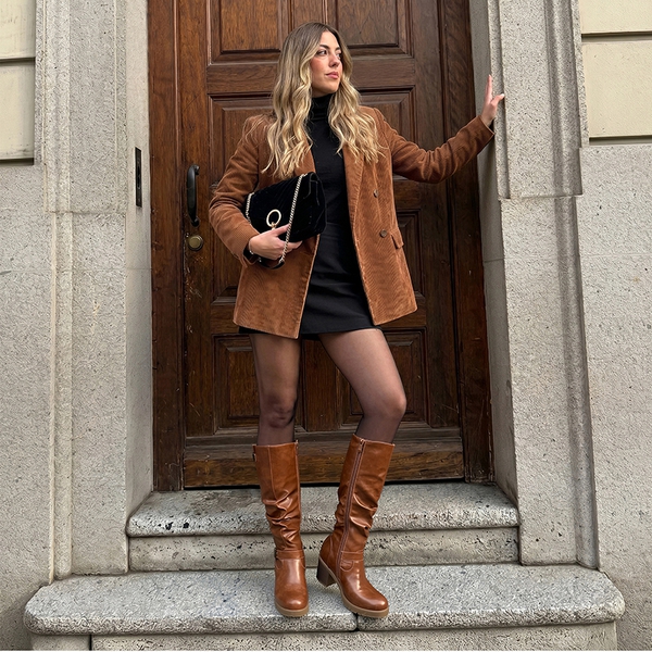 Chunky Heel Knee High Boots - TAN - 1