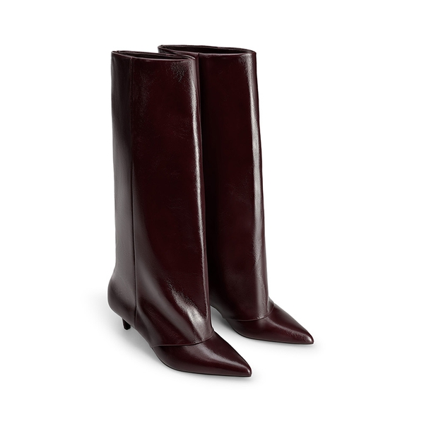 Women's Fold-Over Kitten Heel Tall Boots - BURGUNDY - 5