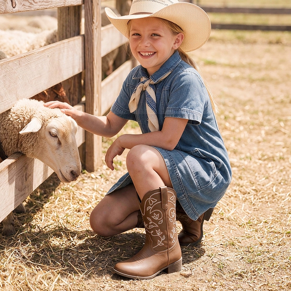 Kids' Vine Embroidered Cowboy Boots - BROWN - 1
