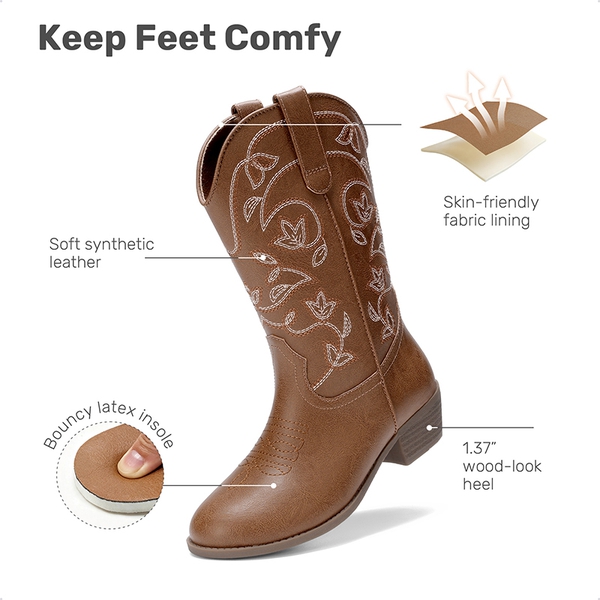 Kids' Vine Embroidered Cowboy Boots - BROWN - 3