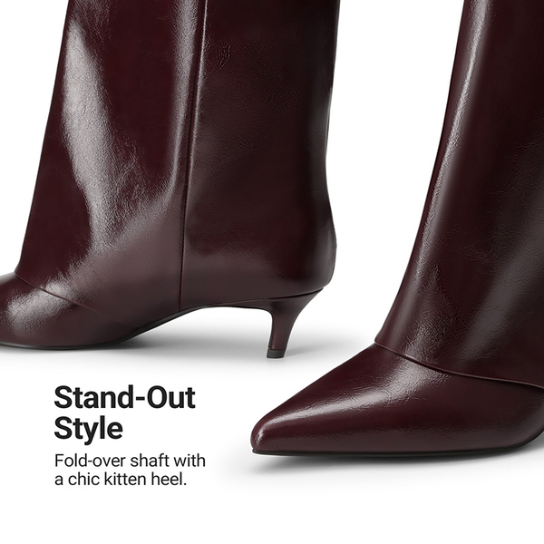 Women's Fold-Over Kitten Heel Tall Boots - BURGUNDY - 6