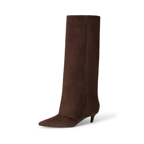 Women's Fold-Over Kitten Heel Tall Boots - DARK BROWN -  0