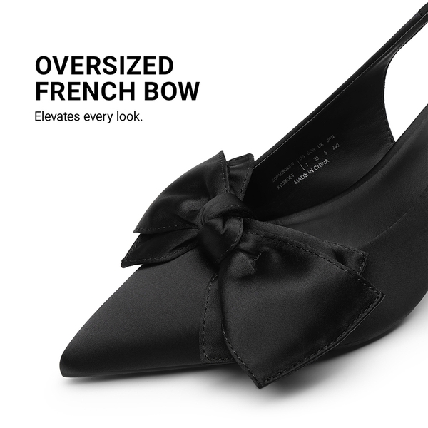 Women's Bow Slingback Stiletto Heels - BLACK-SATIN - 5