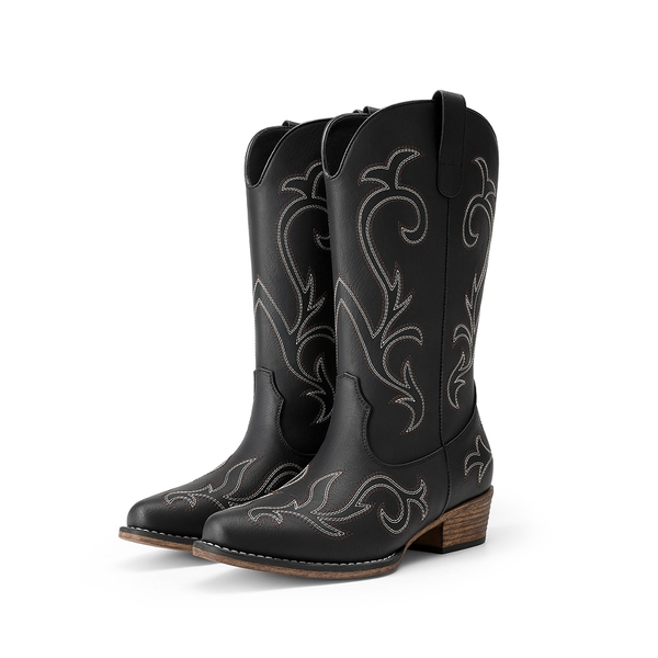 Women's Wide Width Mid Calf Square Toe Cowgirl Boots - BLACK -  0