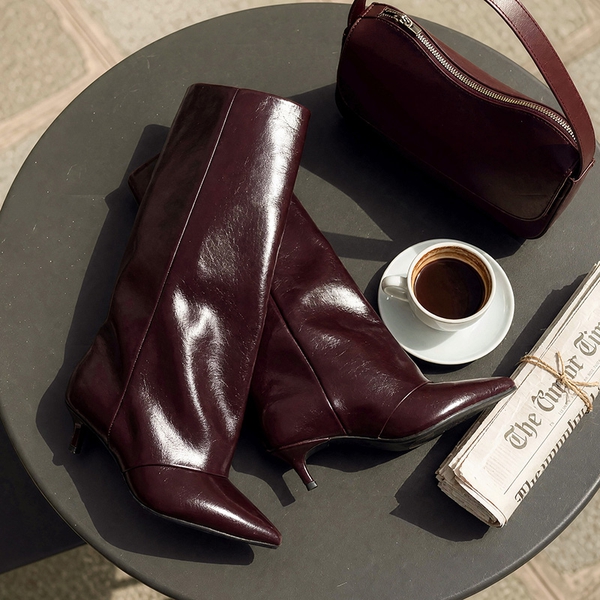 Women's Fold-Over Kitten Heel Tall Boots - BURGUNDY - 3