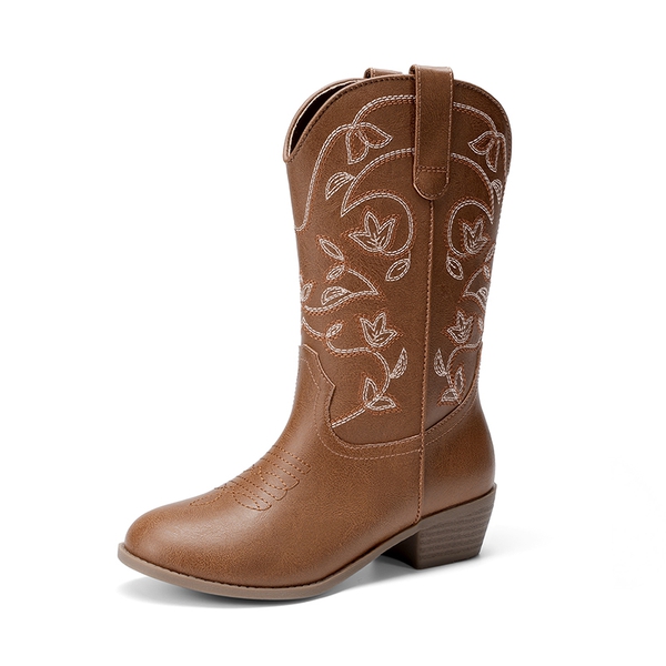Kids' Vine Embroidered Cowboy Boots - BROWN -  0