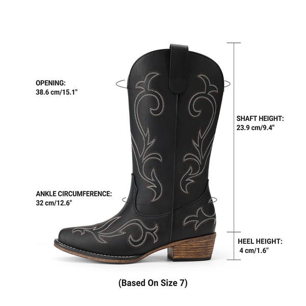 Women's Wide Width Mid Calf Square Toe Cowgirl Boots - BLACK - 3