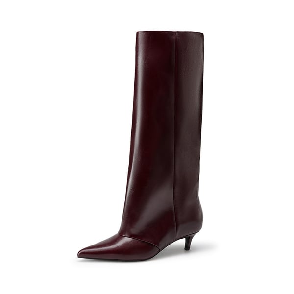 Women's Fold-Over Kitten Heel Tall Boots - BURGUNDY -  0