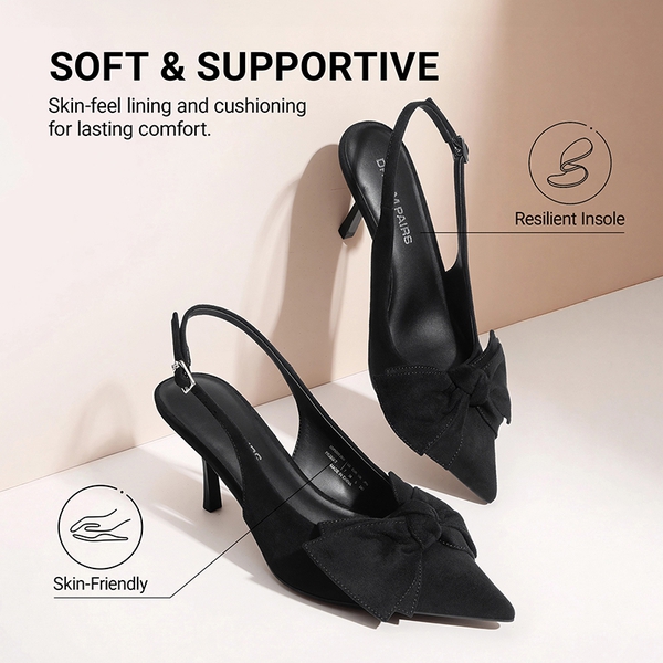 Women's Bow Slingback Stiletto Heels - BLACK-SUEDE - 7