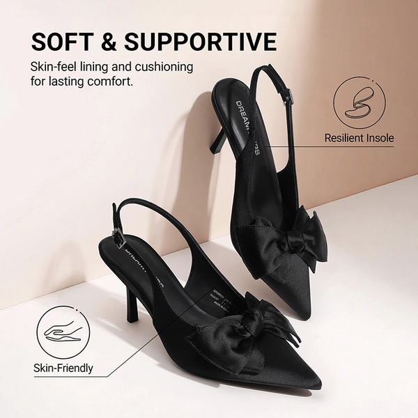 Women's Bow Slingback Stiletto Heels - BLACK-SATIN - 7
