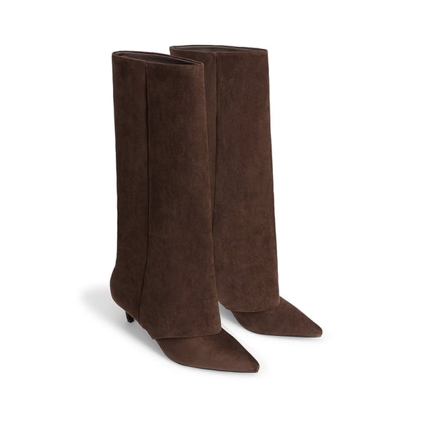 Women's Fold-Over Kitten Heel Tall Boots - DARK BROWN - 5