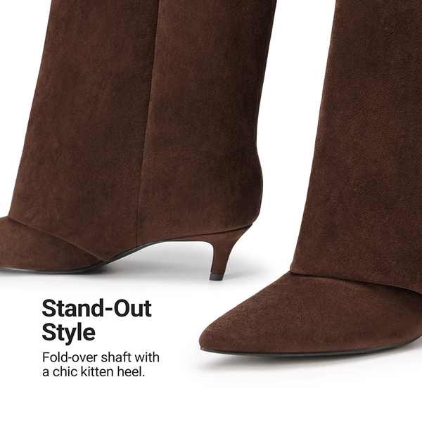 Women's Fold-Over Kitten Heel Tall Boots - DARK BROWN - 6