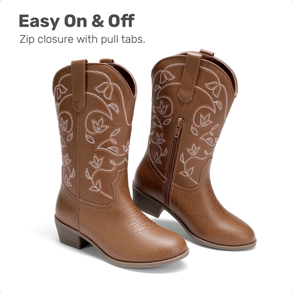 Kids' Vine Embroidered Cowboy Boots - BROWN - 2