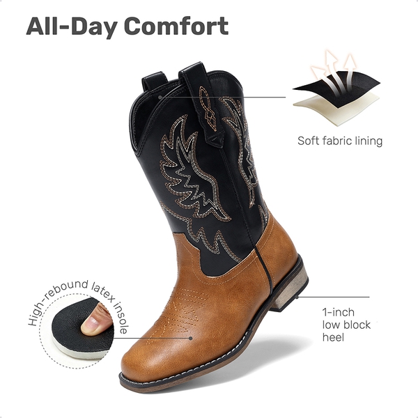 Kids' Western Cowboy Boots - BLACK/TAN - 4