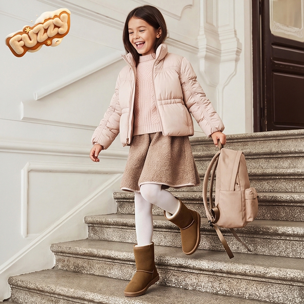 Kids' Wide Fit Round Toe Winter Fuzzy Booties - CAMEL - 1