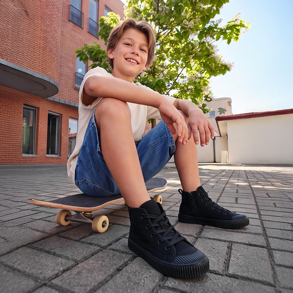 Kids' High Top Canvas Sneakers - BLACK - 1
