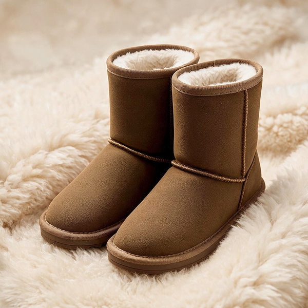 Kids' Wide Fit Round Toe Winter Fuzzy Booties - CAMEL - 5